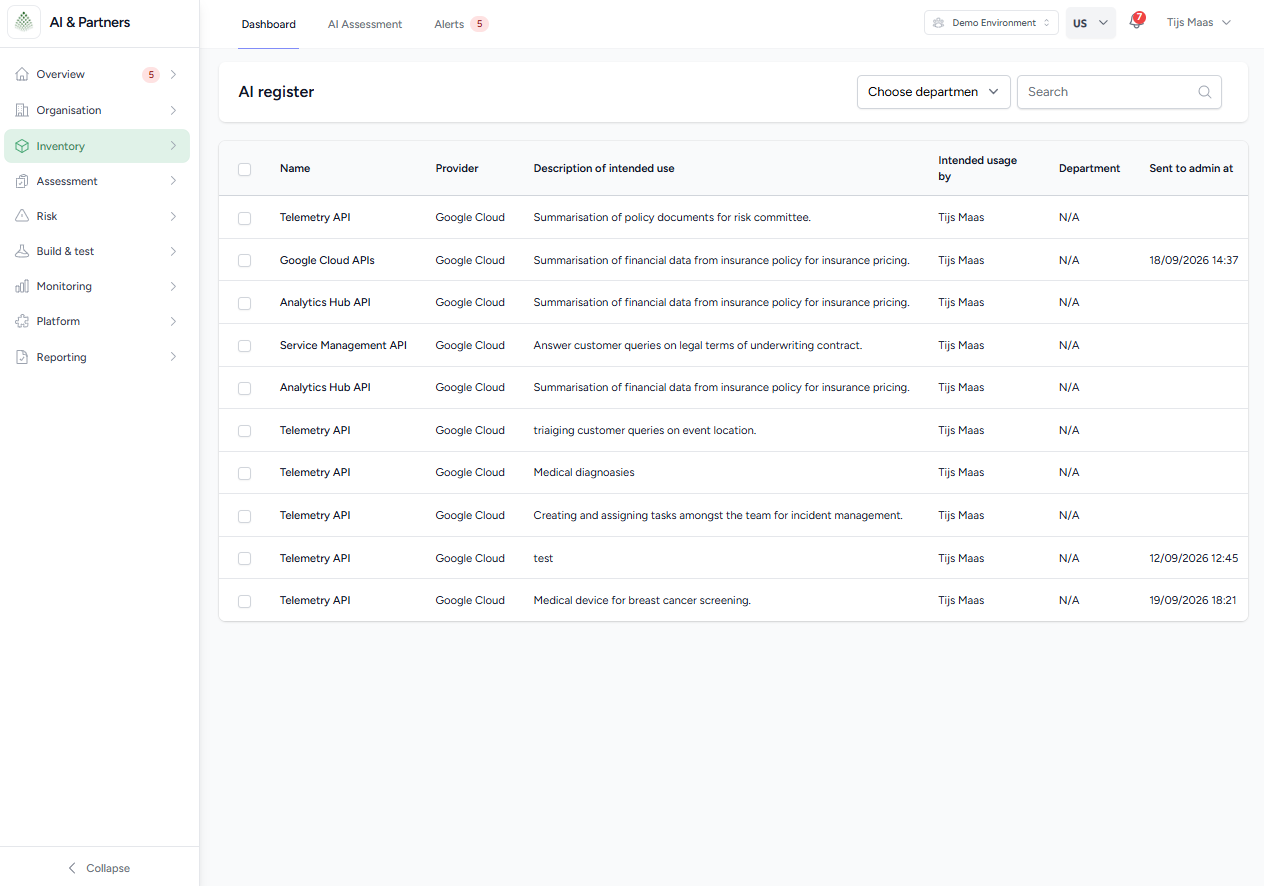 AI register listing every AI system with provider, intended use and department