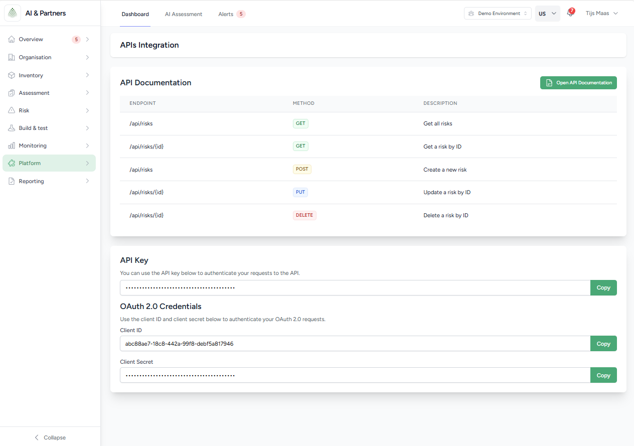 API integration in the platform